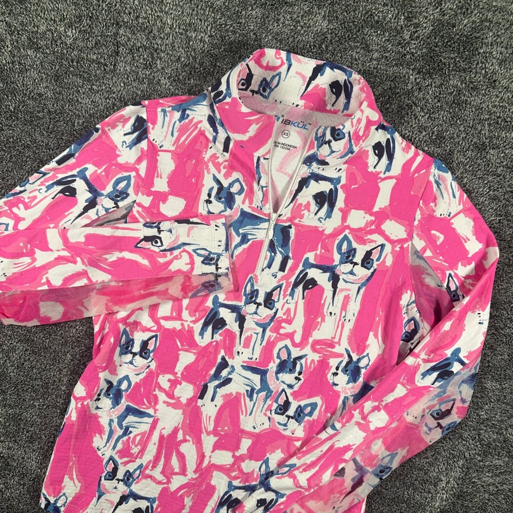 IBKUL Top Womens XS Quarter Zip Pink French Bulldog Mesh Cooling Mock Neck Shirt